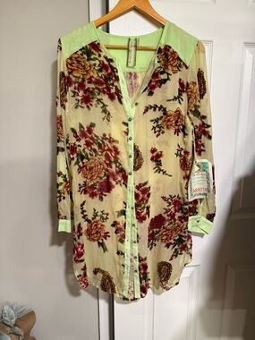 Aratta Sheer Floral Tunic in Cream, Red and Light Green
